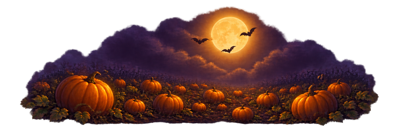 A glowing moon rises over a patch of pumpkins beneath a Halloween sky